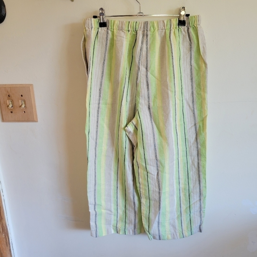 JENNIFER Moore 100% Linen Wide Leg Pant Cropped Tan Green Stripe 8 Petite Medium - Picture 8 of 9
